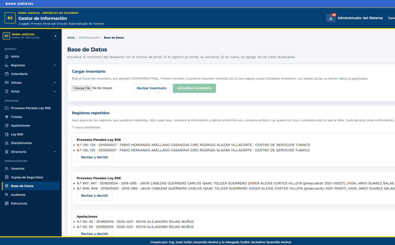 Carga de inventario y lista de registros repetidos