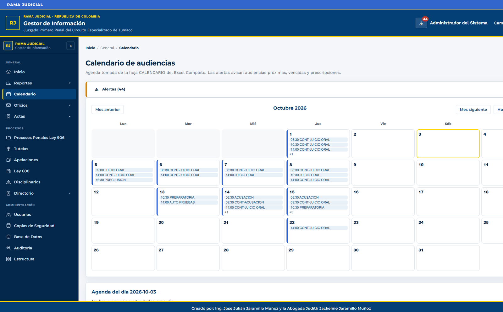 Calendario mensual de audiencias